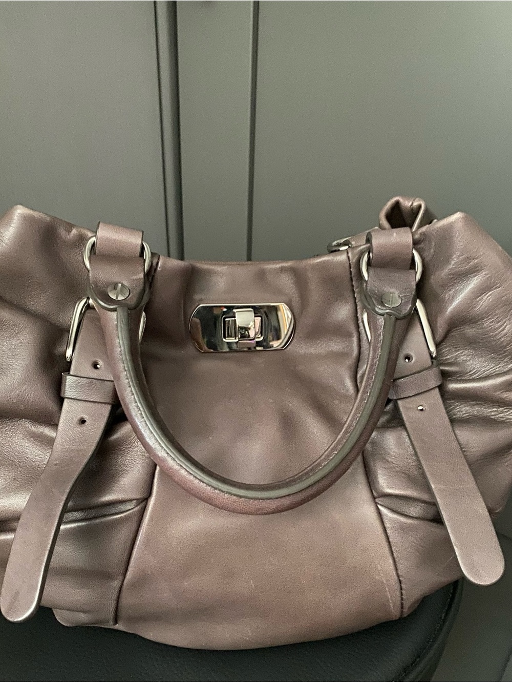 Marni Mauve Brown Leather Shoulder Bag with Silver-Tone Hardware